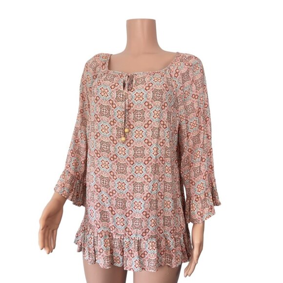 WESTPORT 1962 Women SZ XL Boho Floral Print Blouse With Ruffle Hem & 3/4 Sleeves - Picture 14 of 14